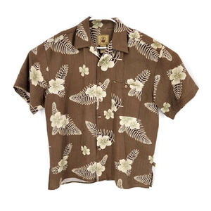 Joe Marlin Mens Button-Up Shirt Brown Hawaiian Print Short Sleeve Split Hem L